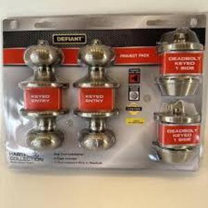 DESCRIPTION: (1) SET OF (2) DOOR KNOBS AND (2) DEADBOLTS BRAND/MODEL: DEFIANT INFORMATION: SATIN NICKEL FINISH SIZE: ALL KEYED ALIKE RETAIL$: $120.0 T