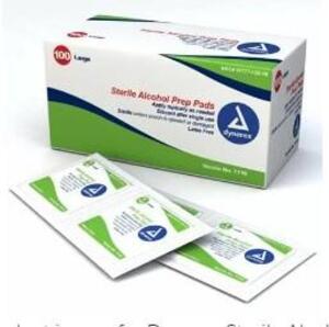 DESCRIPTION: (5) PACKS OF (20) ALCOHOL PAD BRAND/MODEL: DYNAREX/Z155818X INFORMATION: STERILE/LATEX-FREE RETAIL$: $32.34 PER PK OF 20 SIZE: MEDIUM QTY