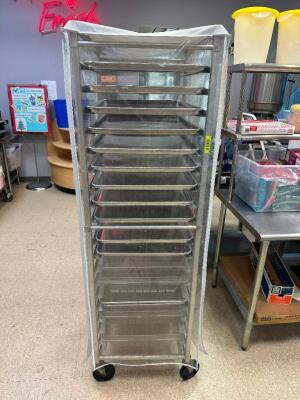 (2) - TWENTY PAN TRAY RACK W/ PLASTIC COVER.