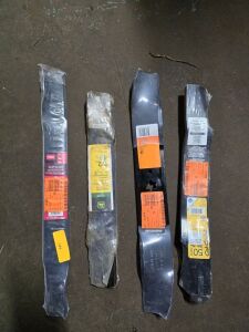 DESCRIPTION: (4) DIFFERENT LAWN MOWER BLADES BRAND/MODEL: TORO, JOHN DEERE, CUB CADET SIZE: 48/42/46 RETAIL$: $100.00 EA QTY: 4