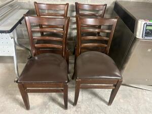 (4) BROWN LADDER BACK WOOD CHAIRS W/ DARK BROWN VINYL SEAT CUSHIONS