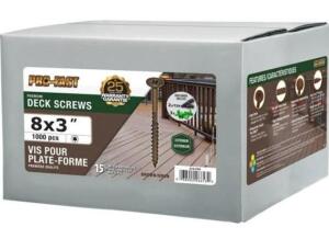 DESCRIPTION: (2) PACK OF (1000) PREMIUM DECK SCREWS BRAND/MODEL: PRO-FAST/214-794 INFORMATION: BROWN/WEATHER-RESISTANT RETAIL$: $41.99 PER PK OF 1000