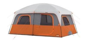 DESCRIPTION: (1) STRAIGHT WALL CABIN TENT BRAND/MODEL: CORE/40034 INFORMATION: ORANGE & GRAY/FITS: 10 PERSON RETAIL$: $229.99 SIZE: 14' X 10' X 86"H Q