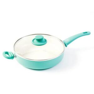 DESCRIPTION: (1) HEALTH CERAMIC SAUTE PAN BRAND/MODEL: GREENLIFE/4542161205088 INFORMATION: TURQUOISE/WITH LID RETAIL$: $37.00 SIZE: 3.9"L X 12.28"W X