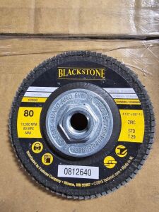 DESCRIPTION: (10) FLAP DISCS BRAND/MODEL: BLACKSTONE INFORMATION: ZIRC SIZE: 4-1/2" X 5/8"-11 QTY: 10