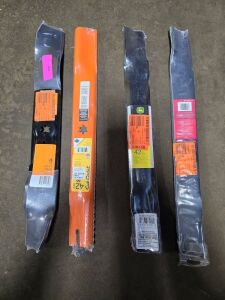 DESCRIPTION: (4) DIFFERENT LAWN MOWER BLADES BRAND/MODEL: TORO, JOHN DEERE, CUB CADET SIZE: 48/42/46 RETAIL$: $100.00 EA QTY: 4