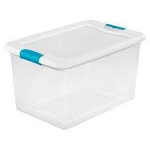 DESCRIPTION: (1) LATCHING STORAGE BOX BRAND/MODEL: STERILITE INFORMATION: CLEAR RETAIL$: $20.00 SIZE: 23X16X13 QTY: 1