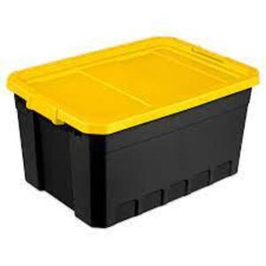 DESCRIPTION: (1) STACKER STORAGE BOX BRAND/MODEL: STERILITE #14839Y06 INFORMATION: BLACK AND YELLOW RETAIL$: $10.00 SIZE: 76 QT QTY: 1