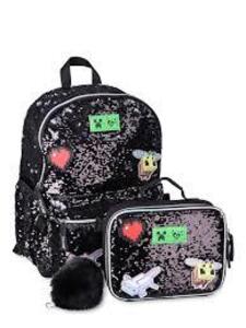 DESCRIPTION: (1) BACKPACK SET WITH LUNCHBOX AND POM POM BRAND/MODEL: JUSTICE INFORMATION: MINECRAFT SIZE: 17" RETAIL$: $30.00 EA QTY: 1