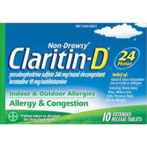 DESCRIPTION: (6) INDOOR AND OUTDOOR ALLERGIES EXTENDED RELEASE TABLETS BRAND/MODEL: CLARITIN-D RETAIL$: $13.99 EA QTY: 6