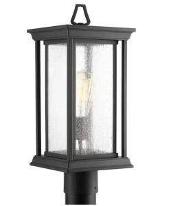 Endicott Collection 1-Light Textured Black Clear Seeded Glass Craftsman Outdoor Post Lantern Light