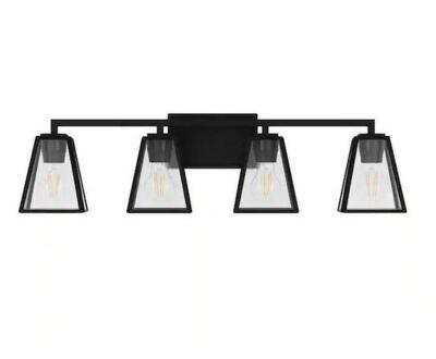 Mackenzie Place 30 in. 4-Light Matte Black Modern Bathroom Vanity Light with Clear Glass Shades