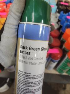 DESCRIPTION: (6) GLOSS SPRAY PAINT BRAND/MODEL: CLASS 3 SOLUTIONS BD1345 INFORMATION: DARK GREEN RETAIL$: $8.48 EA SIZE: 12 OZ QTY: 6