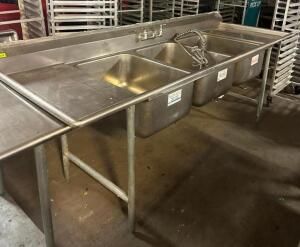 3-COMPARTMENT STAINLESS STEEL SINK WITH DOUBLE DRAIN BOARDS AND DOWN SPRAYER