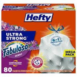 DESCRIPTION: (1) SET OF (80) ULTRA STRONG TRASH BAGS BRAND/MODEL: HEFTY INFORMATION: FABULOSO SCENT SIZE: 13 GALLON BAGS RETAIL$: $14.96 EA QTY: 1