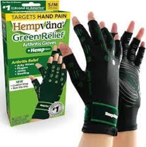 DESCRIPTION: (1) PAIR OF GREEN RELIEF ARTHRITIS GLOVES BRAND/MODEL: HEMP VANA SIZE: SMALL MED RETAIL$: $20.00 EA QTY: 1