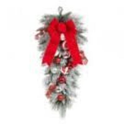 HOME ACCENTS 32IN FLOCKED PINE TEARDROP WITH RED AND WHITE BALLS