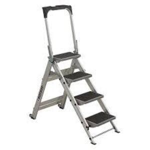 DESCRIPTION: (1) STEP STOOL LADDER BRAND/MODEL: WESTWARD INFORMATION: ALUMINUM, FOLDING, 4 STEPS, 300 LB CAPACITY SIZE: 35" TOP STAIR HEIGHT RETAIL$: