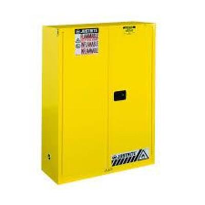 DESCRIPTION: (1) FLAMMABLES SAFETY CABINET BRAND/MODEL: JUSTRITE #894530 INFORMATION: YELLOW, STEEL SIZE: 60 GALLON CAPACITY, 65" H x 43" W x 18" D RE