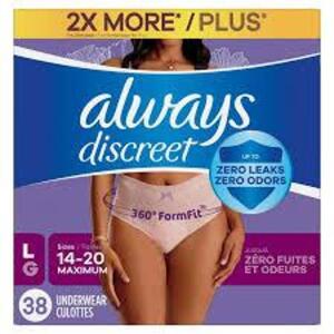 DESCRIPTION: (1) BOX OF (38) UNDERWEAR BRAND/MODEL: ALWAYS DISCREET SIZE: LARGE RETAIL$: $27.87 EA QTY: 1