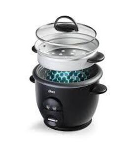 DESCRIPTION: (1) RICE AND GRAIN COOKER BRAND/MODEL: OSTER SIZE: 6 CUP RETAIL$: $25.00 EA QTY: 1