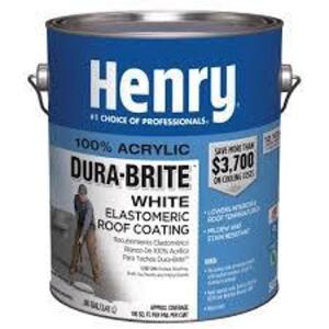 DESCRIPTION: (1) DURA-BRITE ELASTOMERIC ROOF COATING BRAND/MODEL: HENRY INFORMATION: WHITE SIZE: 1 GALLON RETAIL$: $29.98 EA QTY: 1