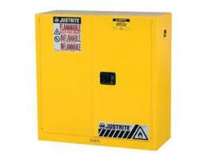 DESCRIPTION: (1) FLAMMABLE LIQUID STORAGE CABINET BRAND/MODEL: JUSTRITE #893000 INFORMATION: YELLOW SIZE: 30 GAL, 43 IN X 18 IN X 44 IN RETAIL$: $1355