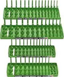 DESCRIPTION: (8) FRACTIONAL SOCKET TRAY BRAND/MODEL: HANSEN #1403 INFORMATION: GREEN SIZE: FOR 1/4" DRIVE SOCKETS RETAIL$: $9.12 EA QTY: 8