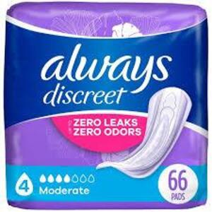 DESCRIPTION: (1) PACK OF (66) PADS BRAND/MODEL: ALWAYS SIZE: SIZE 4 FOR MODERATE LEAKS RETAIL$: $17.49 EA QTY: 1