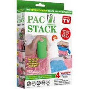 DESCRIPTION: (1) SET OF (4) VACUUM STORAGE BAGS WITH PUMP BRAND/MODEL: PACK N STACK RETAIL$: $10.00 EA QTY: 1