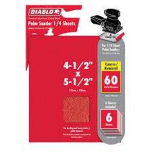 DESCRIPTION: (1) PACK OF (10) PACKS OF (6) PALM SANDER SHEETS BRAND/MODEL: DIABLO SIZE: 4.5X5.5 RETAIL$: $12.58 EA QTY: 1