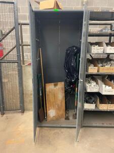 SHOP CABINET WITH ASSORTED LAWN TOOL AND CONTENTS