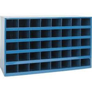 DESCRIPTION: (1) PIGEONHOLE BIN UNIT BRAND/MODEL: DURHAM MFG #45645033 INFORMATION: BLUE SIZE: 34 IN X 8 1/2 IN X 18 IN, 32 COMPARTMENTS RETAIL$: $158