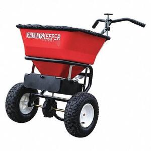 BROADCAST SPREADER, 100 LB CAPACITY, PNEUMATIC WHEEL TYPE, SPINNER DROP TYPE, FIXED T HANDLE