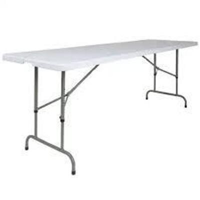 DESCRIPTION: (1) PLASTIC FOLDING ADJUSTABLE HEIGHT TABLEBRAND/MODEL: FLASH FURNITURE #RB-3096ADJ-GGINFORMATION: WHITE, PLASTIC, RECTANGULARSIZE: 30" W X 96" L X 28" - 34" TRETAIL$: $110.00 EAQTY: 1