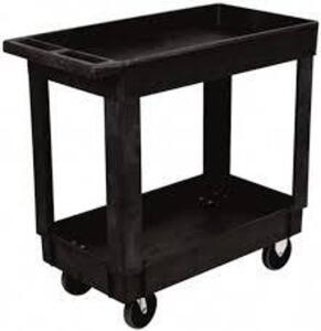 DESCRIPTION: (1) UTILITY CART, HEAVY DUTY, 2 SHELFBRAND/MODEL: ULINE #52021078INFORMATION: BLACK, PLASTICSIZE: 33 1/4" X 46" X 25 19/32"RETAIL$: $170.00 EAQTY: 1