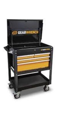 DESCRIPTION: (1) DRAWER CART TOOL STORAGE, PORTABLE BRAND/MODEL: GEARWRENCH #83168 INFORMATION: BLACK AND ORANGE, DAMAGED TOP SIZE: 32", 4 DRAWER RETA