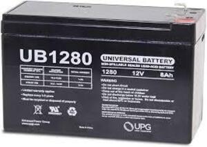 DESCRIPTION: (1) NON-SPILLABLE SEALED LEAD-ACID BATTERYBRAND/MODEL: UNIVERSAL BATTERY #UB1280INFORMATION: BLACK, F2 TERMINALSSIZE: 12 V, 8 AHRETAIL$: $27.96 EAQTY: 1