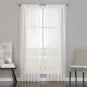 DESCRIPTION: (1) SET OF PLEAT CURTAINS INFORMATION: WHITE, SOHO VOILE SIZE: 29" W X 120" L RETAIL$: $24.99 EA QTY: 1