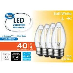 DESCRIPTION: (2) PACKS OF (4) DECORATIVE LIGHT BULBS BRAND/MODEL: GREAT VALUE SIZE: 60 W EQ RETAIL$: $10.00 EA QTY: 2