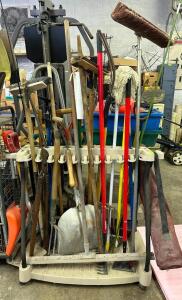 TOOL STORAGE WITH ASSORTED LONG HANDLE TOOLS