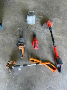 ASSORTED ELECTRIC LAWN CARE TOOLS WITH TRASH CAN