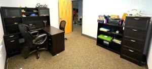 OFFICE DESK WITH FILE CABINET AND BOOKCASE W/ (2) CHAIRS