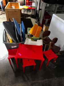 MISC. CONTAINERS, BOXES, HARDWARE AND SLIGHTLY DAMAGED FURNTURE