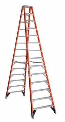 DESCRIPTION: (1) FIBERGLASS TWIN STEPLADDER BRAND/MODEL: WERNER/T7414 INFORMATION: LOAD CAPACITY: 300 LBS/ORANGE RETAIL$: 678.40 SIZE: 14'LADDER HEIGH