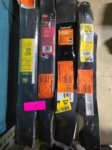 DESCRIPTION: (4) DIFFERENT LAWN MOWER BLADES BRAND/MODEL: TORO, JOHN DEERE, CUB CADET SIZE: 48/42/46 RETAIL$: $100.00 EA QTY: 4