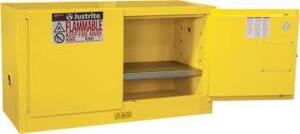 DESCRIPTION: (1) FLAMMABLE LIQUID STORAGE CABINETBRAND/MODEL: JUSTRITE #891700INFORMATION: YELLOW, STEELSIZE: 17 GAL, 64 LITER, 18" x 43" x 24"RETAIL$: $1050.00 EAQTY: 1