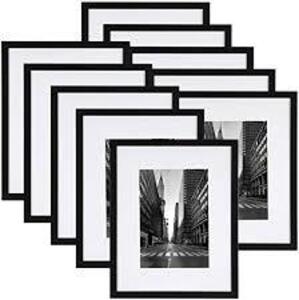 DESCRIPTION: (10) PHOTO FRAMES BRAND/MODEL: 10-DS-10022 INFORMATION: BLACK FRAME, WHITE BACKGROUND SIZE: 8X10 RETAIL$: $19.99 EA QTY: 10