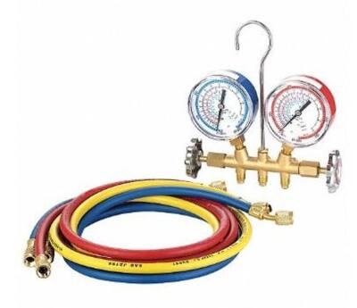 DESCRIPTION: (1) MECHANICAL MANIFOLD GAUGE SET BRAND/MODEL: DAYTON/4PDG1 INFORMATION: GAUGES HIGH SIDE RED: 0 TO 800 PSI/GAUGES LOW SIDE BLUE: 30"HG T