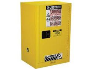 DESCRIPTION: (1) FLAMMABLE STORAGE CABINETBRAND/MODEL: JUSTRITE #29004INFORMATION: YELLOWSIZE: 12 GALLON, APPROX 8" X 17" X 22"RETAIL$: $803.00 EAQTY: 1